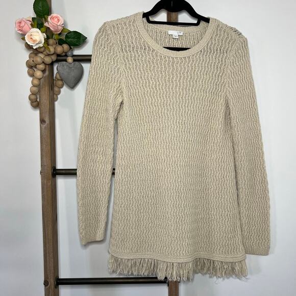 J Jill Oatmeal Long Sleeve Knit Crew Neck Sweater with Fringe Size XS - Picture 1 of 7